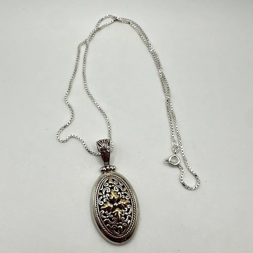 Stunning Oval-Filigree Silver and 14k Pendant with 20